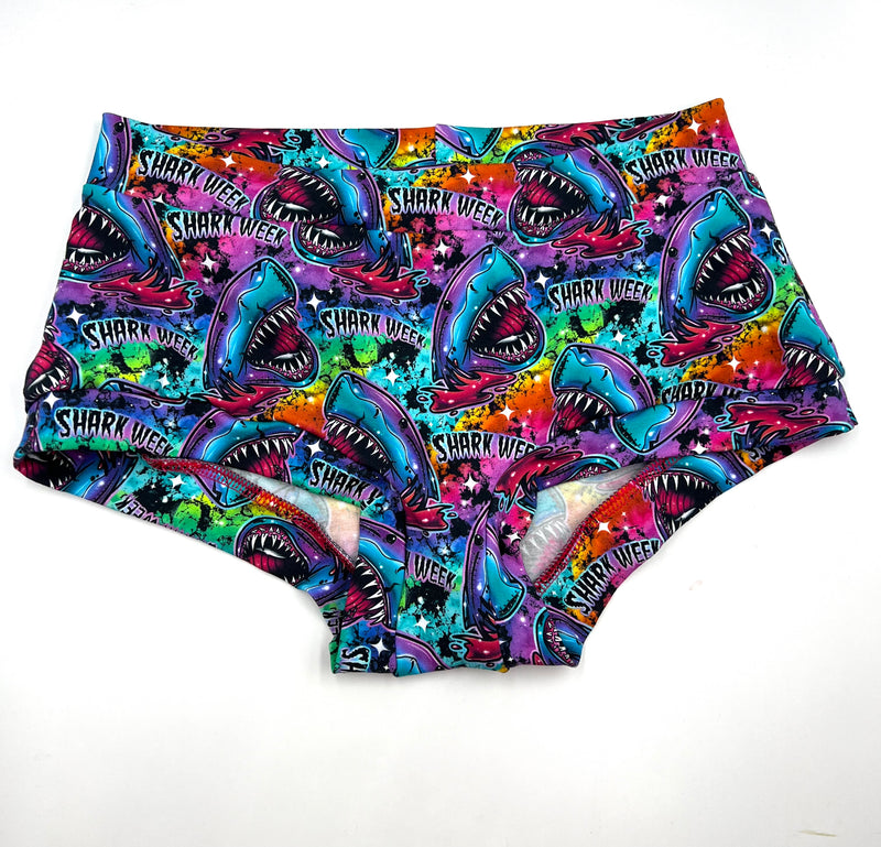 Full coverage underwear.  Cotton Jersey Bright and vibrant with a shark print.