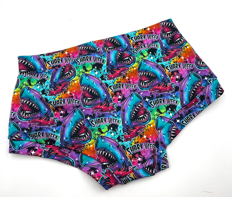 Full coverage underwear.  Cotton Jersey Bright and vibrant with a shark print.